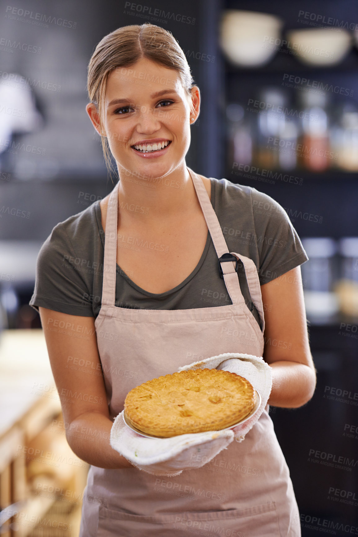 Buy stock photo Pie, bake and portrait of woman in kitchen for lunch, dinner and supper in home with recipe. Cooking, happy and person with smile, dish and food for eating, wellness or nutrition for meal preparation