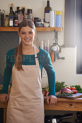 Buy stock photo Woman, portrait and cooking vegetables in kitchen for healthy nutrition, preparation or food. Female person, face and cutting board with raw ingredients for organic living meal, vegetarian or dinner