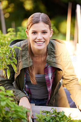 Buy stock photo Happy woman, portrait and harvest with crops or resources in agriculture, growth or natural sustainability of fresh produce. Female person or farmer with smile for vegetables, nutrition or production