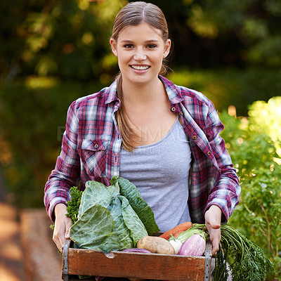 Buy stock photo Happy woman, portrait and harvest with vegetables, crops or resources in agriculture, growth or natural sustainability. Female person or farmer with smile, plants and organic veg for fresh produce