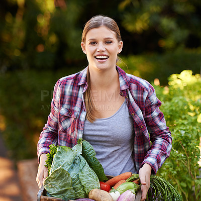 Buy stock photo Happy woman, portrait and plant harvest with vegetables, crops or resources in agriculture, growth or natural sustainability. Female person or farmer with smile and organic veg for fresh produce