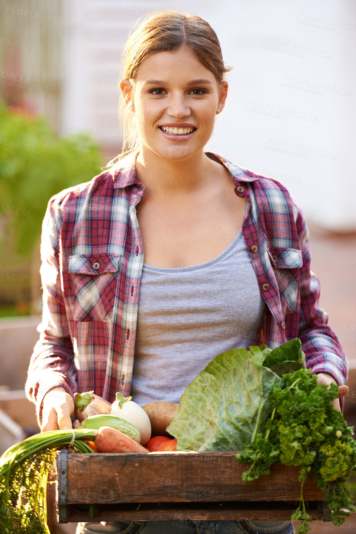 Buy stock photo Happy woman, portrait and harvester with box of vegetables from garden or farming of crops and resources. Female person with smile holding a crate of organic veg, natural growth or fresh produce