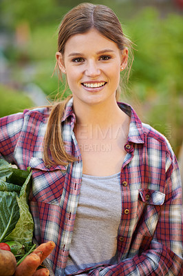 Buy stock photo Happy woman, portrait and harvester with vegetables for farming or harvest of crops and nature resources. Female person with smile holding organic plants or veg in natural growth for fresh produce