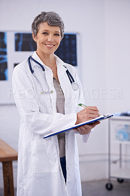 Buy stock photo Hospital, doctor and portrait of woman with clipboard for insurance, medical notes and wellness. Healthcare, clinic and happy health worker with documents for service, treatment plan and medicare