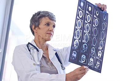 Buy stock photo Woman, mature doctor and review xray for planning medical treatment, surgery and healthcare at hospital. Brain scan, neurology and radiology with surgeon for health assessment, anatomy and MRI