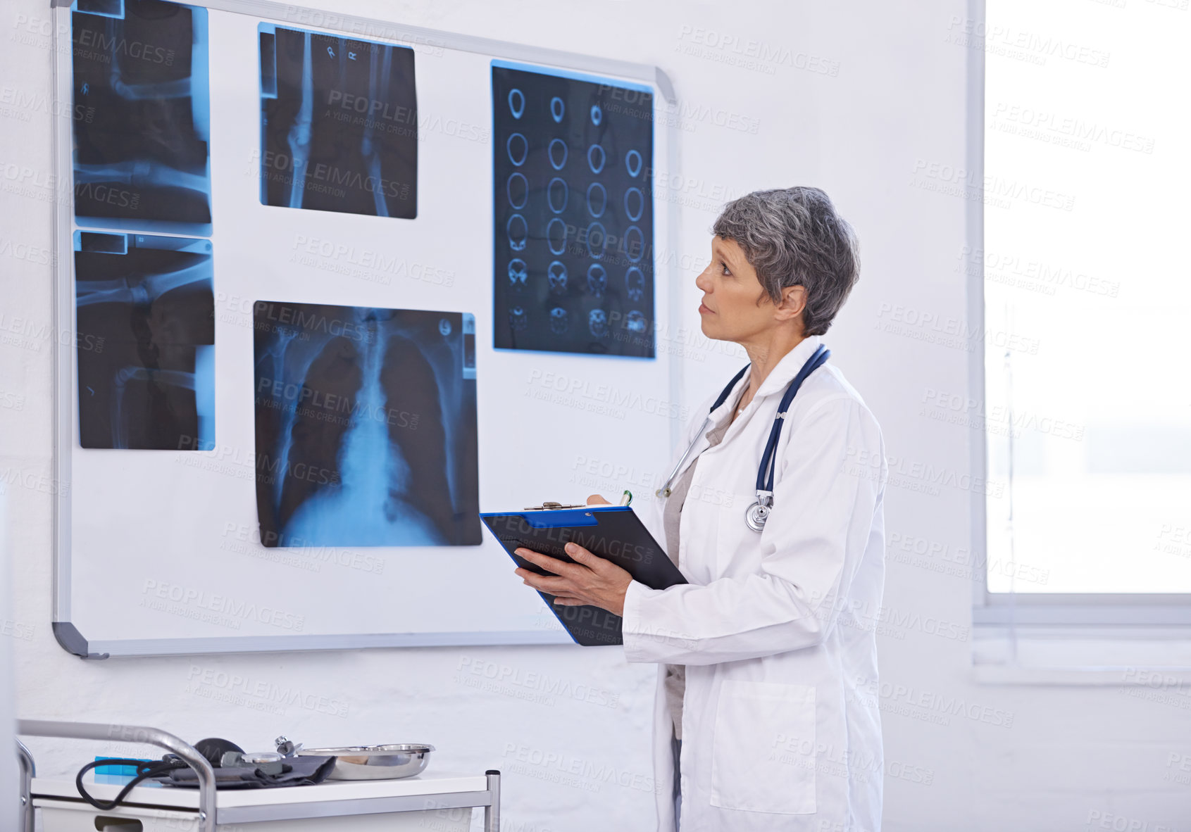 Buy stock photo Senior doctor, woman and study xray with clipboard for checklist, assessment and radiology for surgery. Lungs, brain and bones with anatomy scan for healthcare, surgeon and treatment plan at clinic