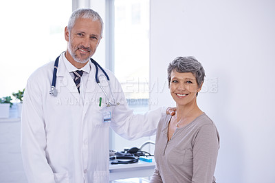 Buy stock photo Healthcare, portrait and senior woman with doctor in a consultation room for examination, results or help. Hospital, face and elderly patient consulting health expert for medical, support and advice