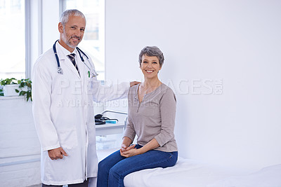 Buy stock photo Hospital, portrait and senior woman with doctor in a consultation room for examination, results or help. Healthcare, face and elderly patient consulting health expert for medical, support and advice