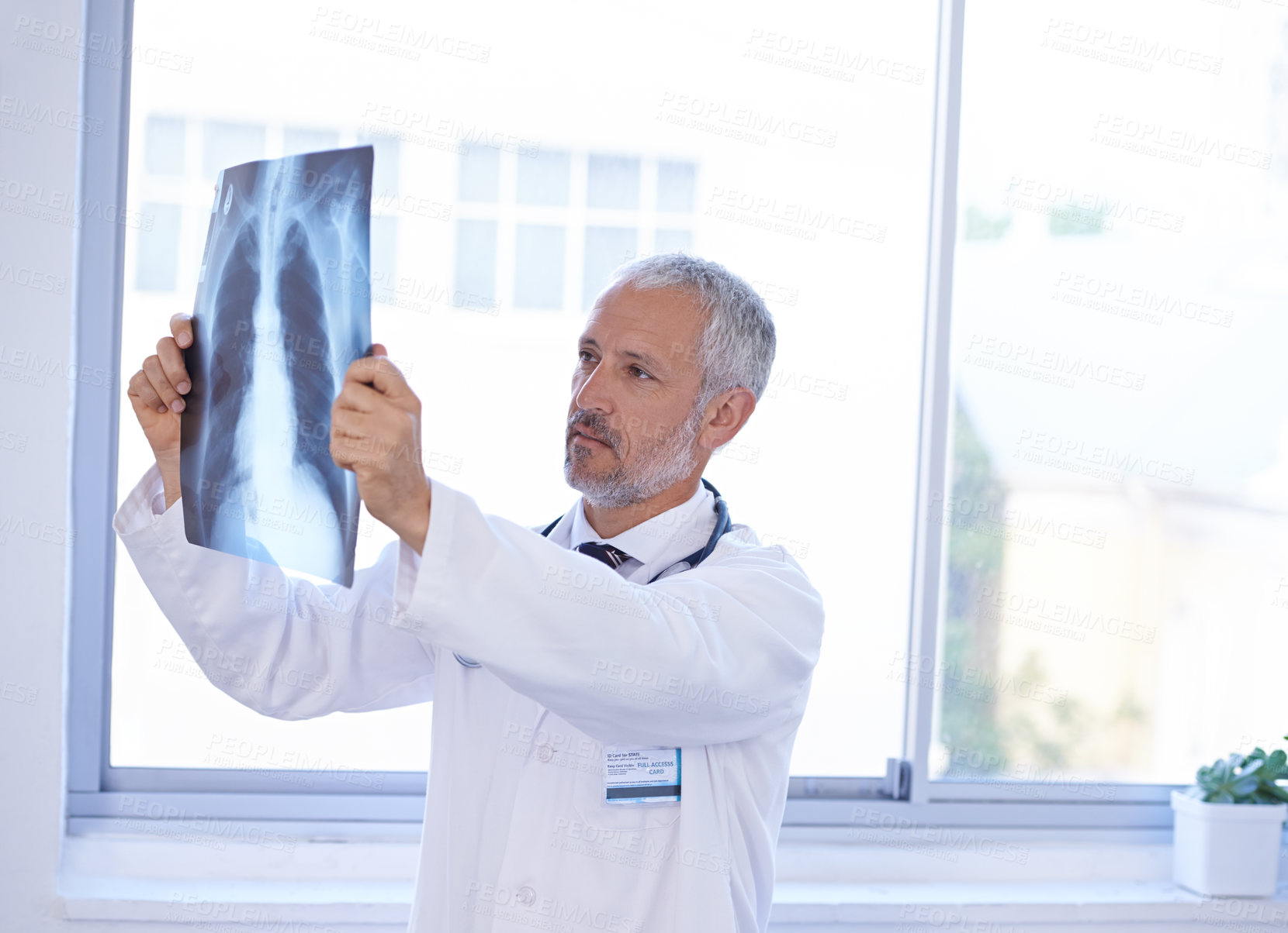 Buy stock photo Hospital, thinking and doctor with x ray for research, medical service or surgery review. Healthcare, radiology clinic and senior health worker with anatomy scan for analysis, diagnosis or consulting