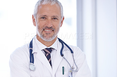 Buy stock photo Doctor, portrait and happy senior man in consultation room for medical, advice or help at hospital. Healthcare, face or male health expert with career pride, smile or ready for consulting at a clinic