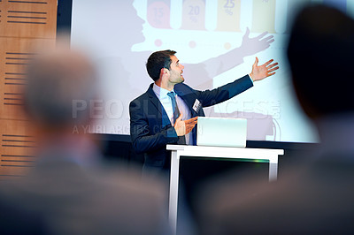 Buy stock photo Business man, presentation and pointing at projector screen, conference or workshop with laptop for slideshow. Corporate training, seminar and speaker with info, audience and professional speech