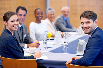 Buy stock photo Boardroom, portrait and employees with smile in meeting for business for discussion of stock market. Directors, women and male people in collaboration for strategy in sales, networking and talk