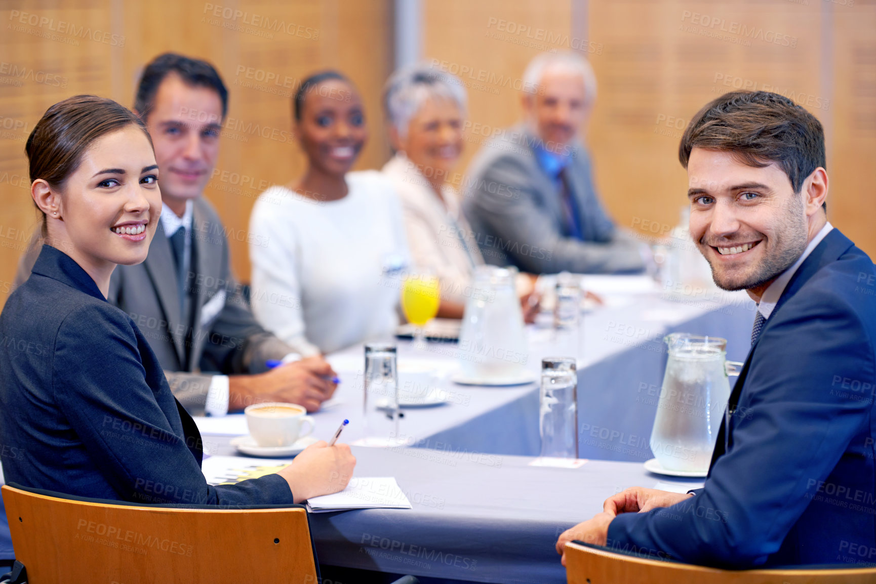 Buy stock photo Boardroom, portrait and employees with smile in meeting for business for discussion of stock market. Directors, women and male people in collaboration for strategy in sales, networking and talk