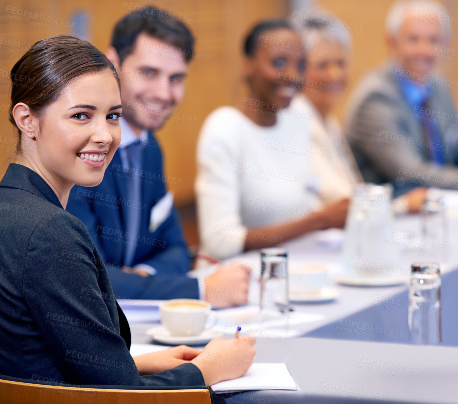 Buy stock photo Happy woman, portrait and business with team in boardroom, meeting or discussion at the office. Group of corporate employees with smile for conference, planning or collaboration at the workplace