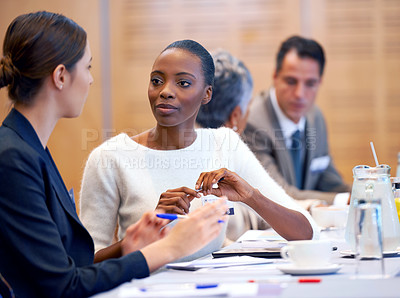 Buy stock photo Woman, meeting and discussion with team in conference for planning, strategy or collaboration at the office. Female person, employees or colleagues talking in boardroom conversation at the workplace