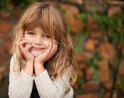 Buy stock photo Happy, portrait and girl child in garden for learning, fun or playing on vacation, break or holiday in nature. Face, smile and kid in park for adventure, travel or trip outdoor, playful or explore