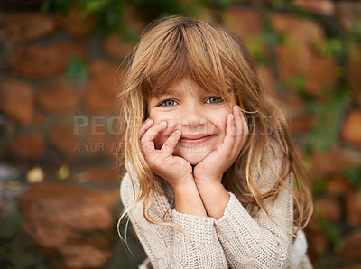 Buy stock photo Portrait, happy and girl child in garden for learning, fun or playing in on vacation, break or holiday in nature. Face, smile and kid in park for adventure, travel or trip outdoor, playful or explore