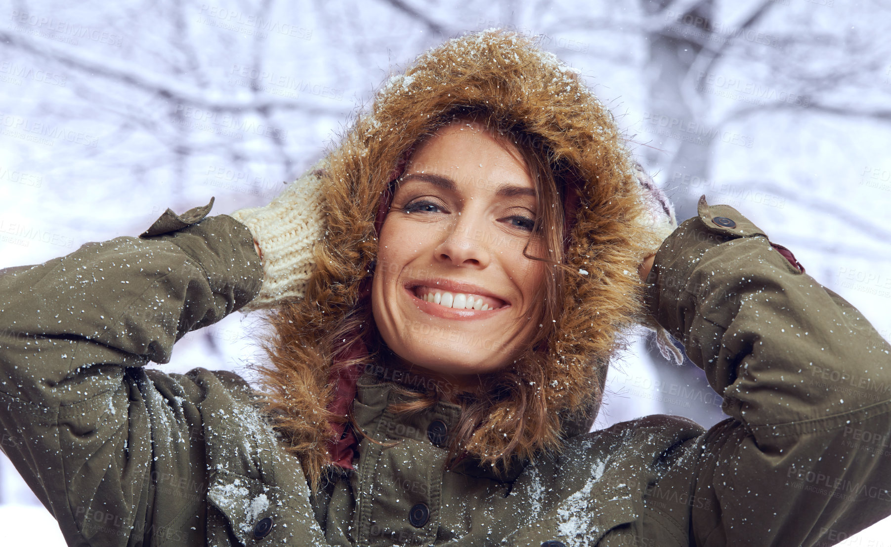 Buy stock photo Woman, happiness and portrait in nature with snow, winter season with fur coat for fashion, good mood and holiday. Peace, calm and cold with comfort in jacket for weather, ice or frozen with smile