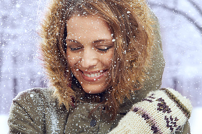 Buy stock photo Fashion, excited and face of woman with snow outdoors for season, snowing weather and cold climate. Travel, happy and person smile in nature on winter holiday, vacation and weekend in Switzerland