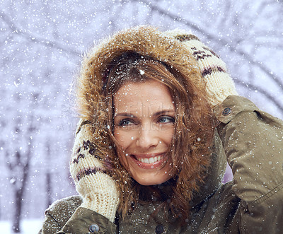 Buy stock photo Happy, fashion and woman with snow in nature for season, snowing weather and cold climate. Travel, excited and person with trendy style on winter holiday, vacation and weekend outdoors in Switzerland