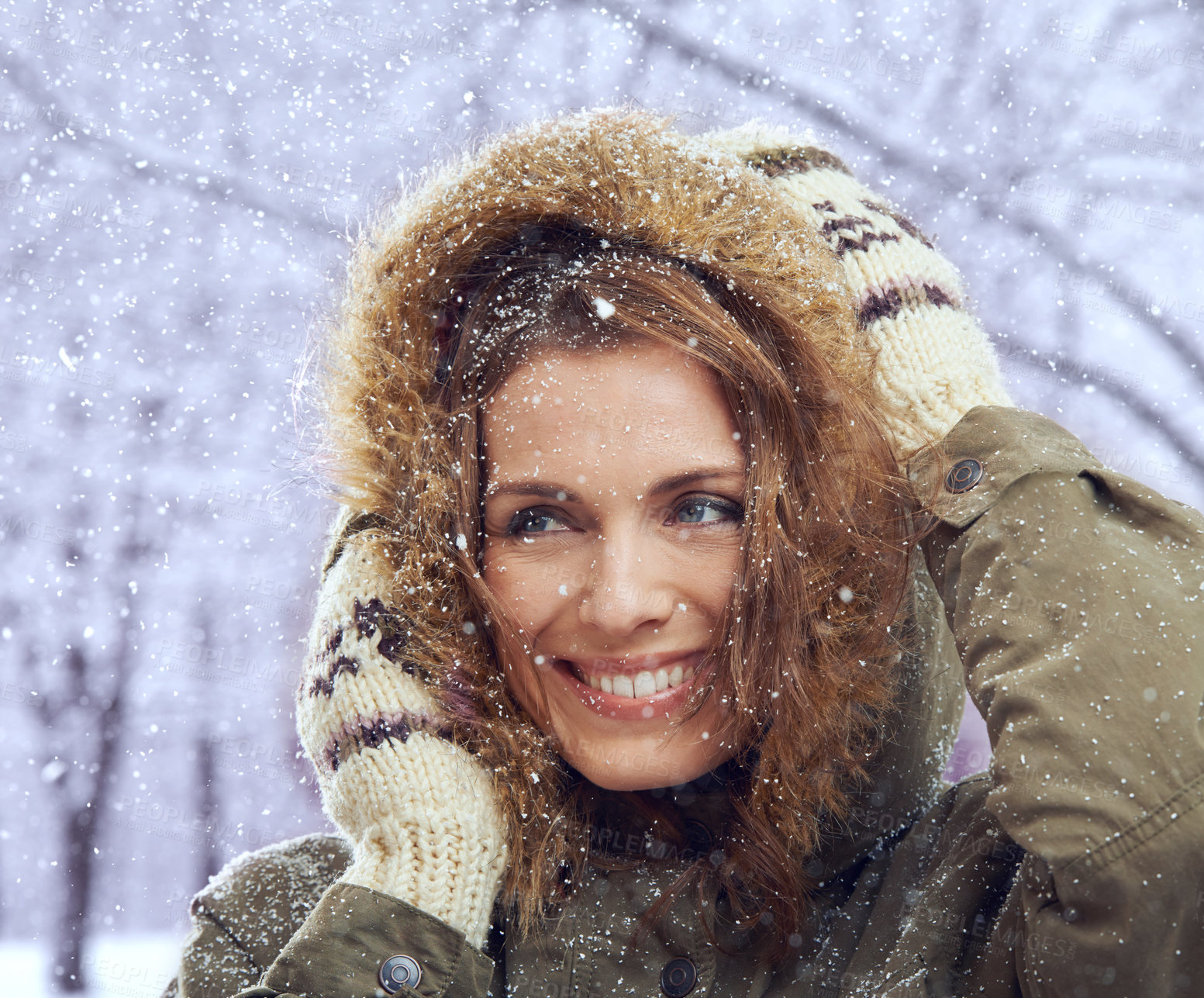 Buy stock photo Happy, fashion and woman with snow in nature for season, snowing weather and cold climate. Travel, excited and person with trendy style on winter holiday, vacation and weekend outdoors in Switzerland
