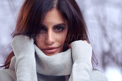 Buy stock photo Winter, closeup and portrait of woman for fashion with turtle neck, jersey and warm top by tree in nature. Female person, Mexican lady and gen z girl with face for style, clothes and cold in snow