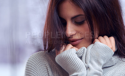 Buy stock photo Woman, winter and fashion for cold weather in snow environment for warm clothes, freezing or cozy. Female person, jersey and outdoor style with wool clothing windy season, relax or travel destination