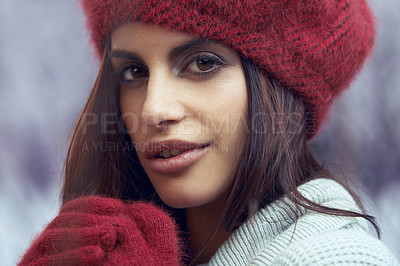 Buy stock photo Winter, fashion and portrait of woman with gloves for style with turtle neck, face and cozy with closeup. Female person, Mexican lady and gen z girl with beauty for trend, clothes and cold in snow