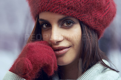 Buy stock photo Shot of an attractive woman enjoying herself outside in the snow