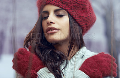 Buy stock photo Fashion, beauty and young woman with winter clothes on cold weather vacation or holiday. Serious, makeup and face of female person with gloves, jersey and beanie for trendy style for weekend trip.