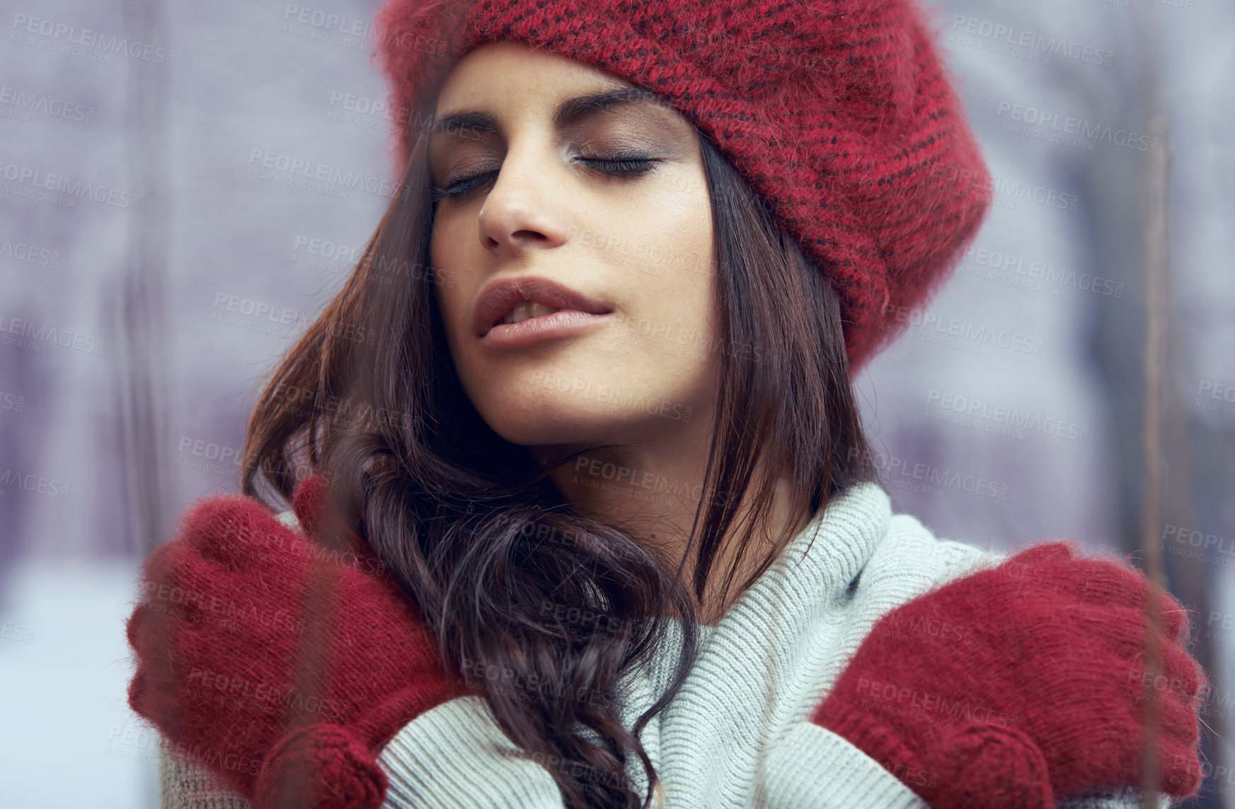 Buy stock photo Fashion, beauty and young woman with winter clothes on cold weather vacation or holiday. Serious, makeup and face of female person with gloves, jersey and beanie for trendy style for weekend trip.