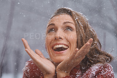 Buy stock photo Winter, excited and face of woman with snow outdoors for season, snowing weather and cold climate. Snowflakes, fashion and happy person in nature on holiday, vacation and travel in Switzerland
