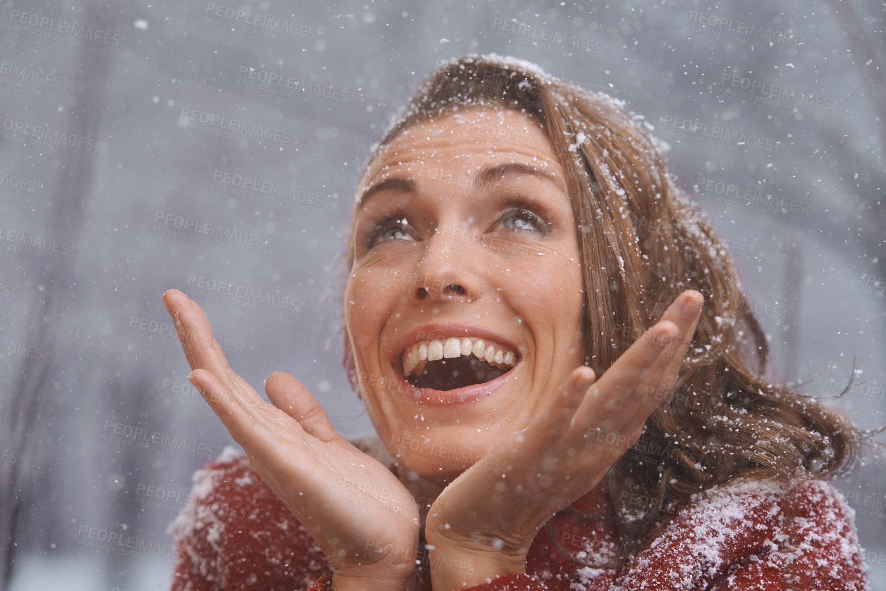 Buy stock photo Winter, excited and face of woman with snow outdoors for season, snowing weather and cold climate. Snowflakes, fashion and happy person in nature on holiday, vacation and travel in Switzerland