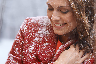 Buy stock photo Happy, fashion and face of woman with snow outdoors for season, snowing weather and cold climate. Travel, snowflake and person smile in nature on winter holiday, vacation and weekend in Switzerland