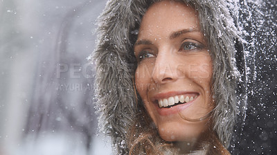 Buy stock photo Happy, winter and face of woman with snow outdoors for season, snowing weather and cold climate. Travel, fashion and person in nature on holiday, vacation and weekend in Switzerland with snowflake