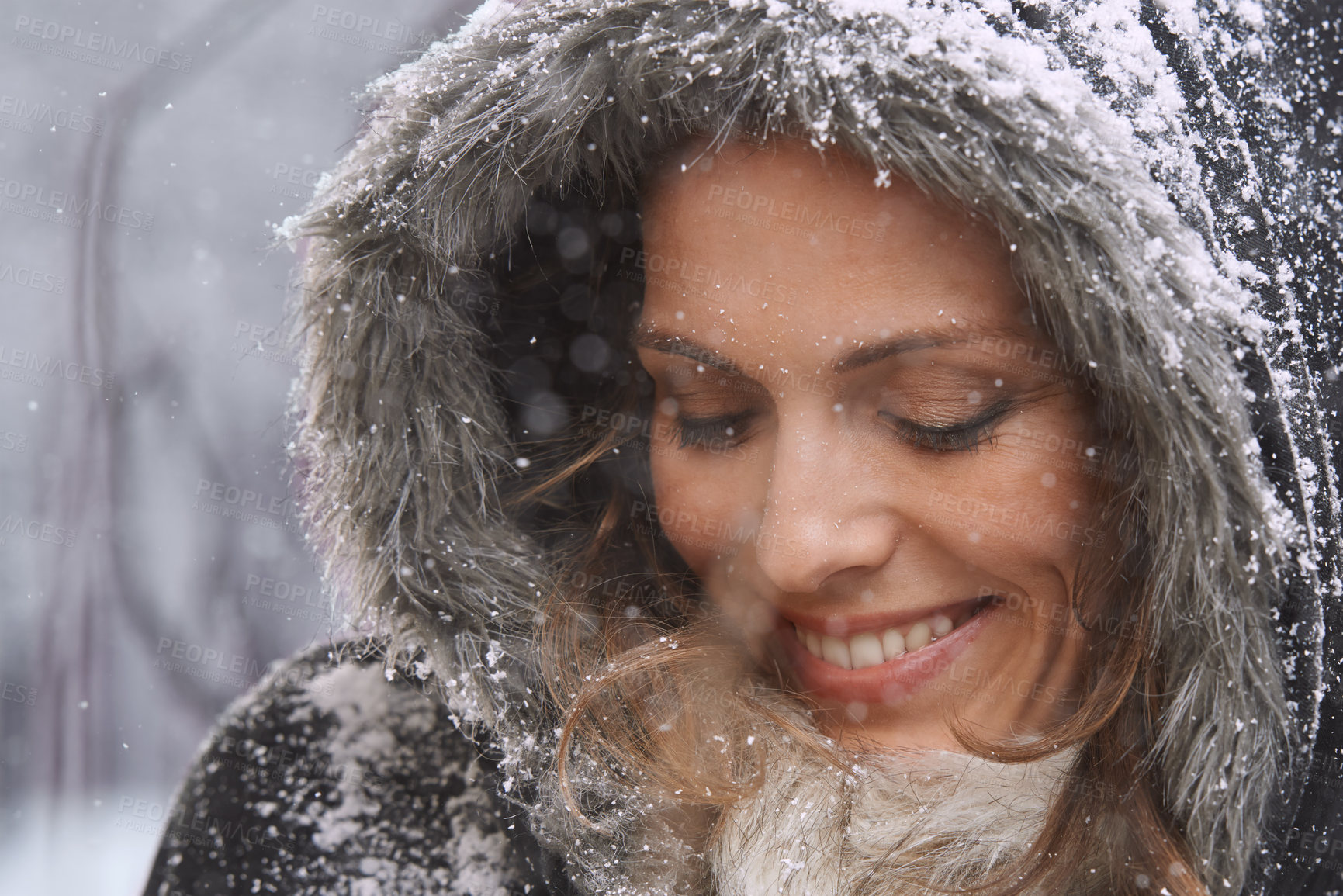 Buy stock photo Woman, happy and eyes closed in nature with snow, winter season with fur coat for fashion, good mood and outdoor. Peace, calm and cold with comfort in jacket for weather, ice or frozen with smile
