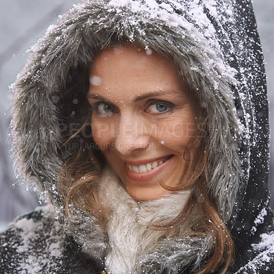 Buy stock photo Woman, smile in portrait and snow in winter season with fur coat for fashion, good mood and outdoor for travel. Peace, calm and cold with comfort in jacket for weather, ice or frozen with nature