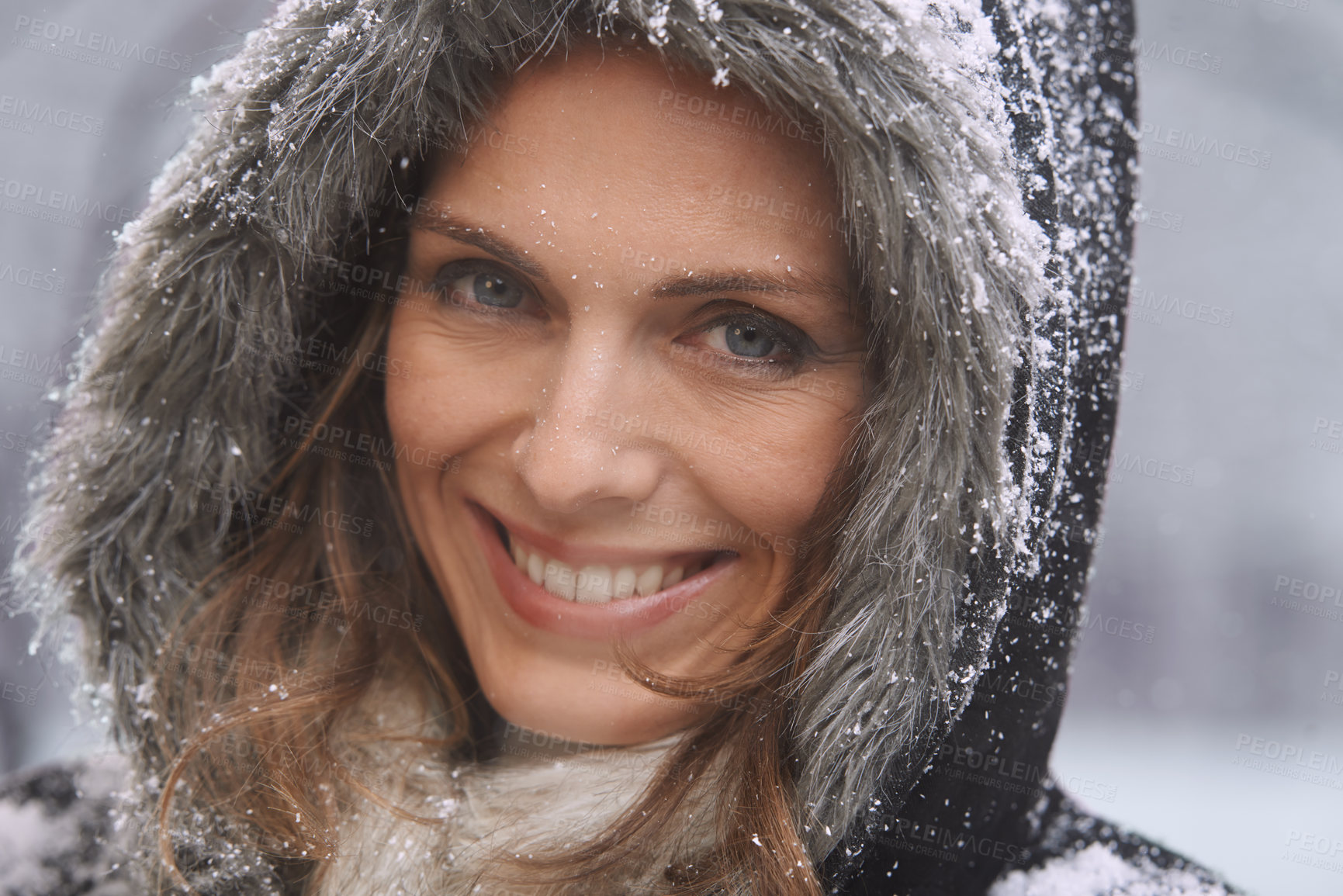 Buy stock photo Happy woman, portrait and nature with snow, winter season and fur coat for fashion, good mood and outdoor in forest. Peace, calm and cold with comfort in jacket for weather, ice or frozen with travel