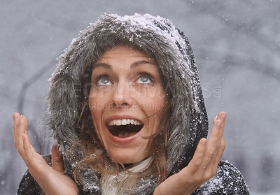 Buy stock photo Nature, excited and face of woman with snow outdoors for season, snowing weather and cold climate. Travel, happy and person with snowflake on winter holiday, vacation and weekend in Switzerland