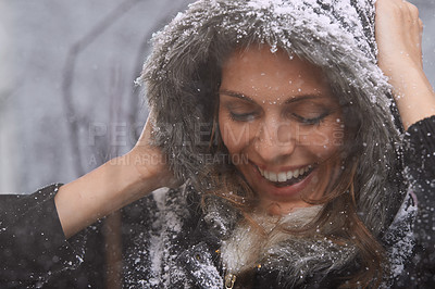 Buy stock photo Nature, happy and face of woman with snow outdoors for season, snowing weather and cold climate. Travel, fashion and person in trendy clothes on winter holiday, vacation and weekend in Switzerland
