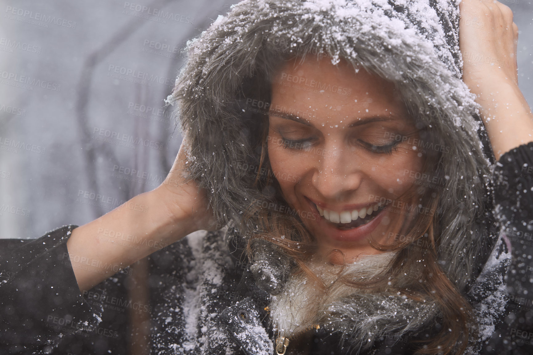 Buy stock photo Nature, happy and face of woman with snow outdoors for season, snowing weather and cold climate. Travel, fashion and person in trendy clothes on winter holiday, vacation and weekend in Switzerland