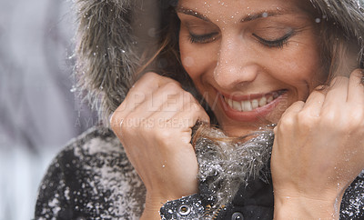 Buy stock photo Woman, snow and happy with winter fashion for cold weather and climate in a park in Iceland. Travel, smile and relax female person on a holiday freezing in nature with frost and ice outdoor on trip