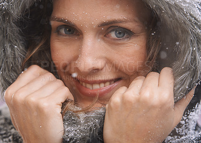 Buy stock photo Woman, snow and portrait with fur hood and winter fashion for cold weather and climate in Iceland. Travel, smile and happy female person on a holiday freezing in nature with frost outdoor on vacation