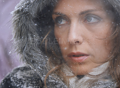 Buy stock photo Snow, woman and thinking in nature with cold climate and weather with winter fashion and idea. Ice, travel and freezing outdoor with a female person in Antartica with frost in a storm with jacket