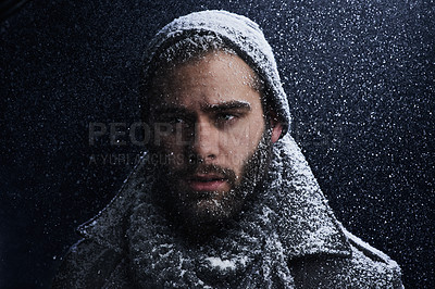 Buy stock photo Snow, night and man with portrait outdoor in winter with storm, ice and travel with fashion for cold climate. Cool, frost and male person in Iceland with adventure and freezing from weather in nature