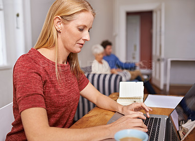 Buy stock photo Remote work, laptop and woman in living room typing online report, research and internet for freelance job. House, working from home and person on computer for website, writing email or planning
