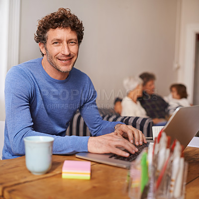 Buy stock photo Remote work, laptop and portrait of man with family for online report, research and internet for freelance job. House, working from home and person on computer for website, writing email or planning