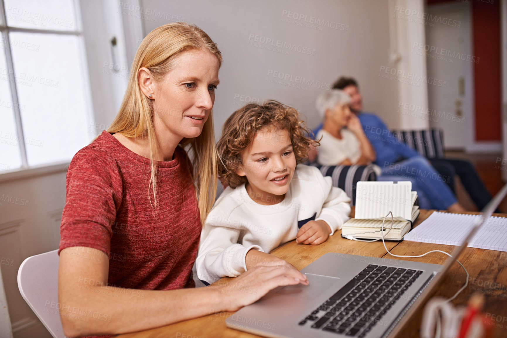 Buy stock photo Remote work, laptop and mother and child in house typing online report, research and learning for freelance job. Family, working from home and mom on computer for website, streaming or watch movies