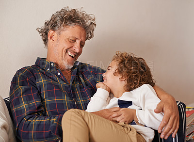 Buy stock photo Grandfather, boy and happy in home for bonding on break to relax, fun and enjoy school holiday. Man, grandson and excited with child for baby sitting, together and play in bedroom as family.