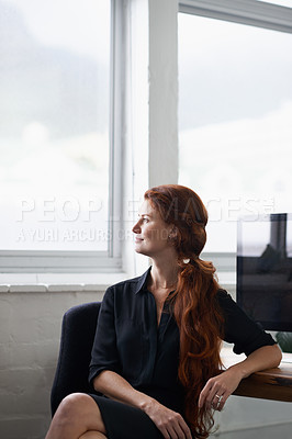 Buy stock photo Woman, office and think for idea at window for company with smile, vision and growth for future in startup business. Female person, entrepreneur and desk with computer at work as hr for corporate